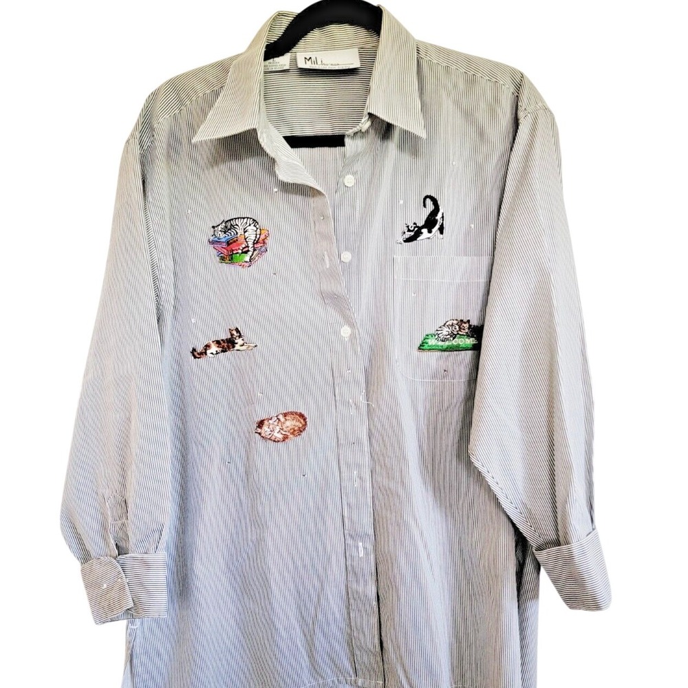 Mili Designs L Blouse‎ Cats Kittens Beaded Button Up Striped Blue/White Vintage